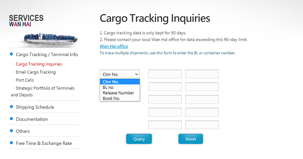 Kiểm tra thông tin lô hàng (Cargo Tracking) đi qua Wan Hai